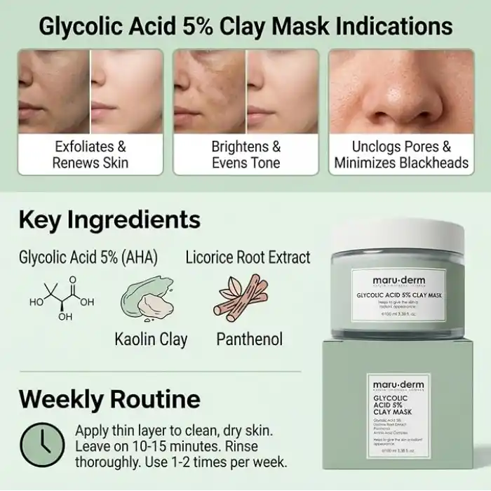 Maruderm Glikolik Asit%5 Gözenek Arındırıcı ve Cilt Tonu Eşitleyici Kil Maskesi – Vegan, Pürüzsüz ve Nemlendirici Arındırıcı Maske, 100 ML
