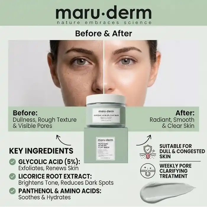 Maruderm Glikolik Asit%5 Gözenek Arındırıcı ve Cilt Tonu Eşitleyici Kil Maskesi – Vegan, Pürüzsüz ve Nemlendirici Arındırıcı Maske, 100 ML