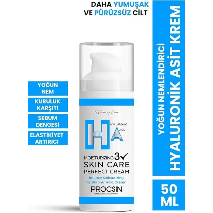 PROCSIN Yoğun Nemlendirici Hyaluronic Krem, Derinlemesine Nemlendirme & Cilt Bariyeri Güçlendirme, Canlandırıcı & Besleyici Günlük Bakım, 50 ML
