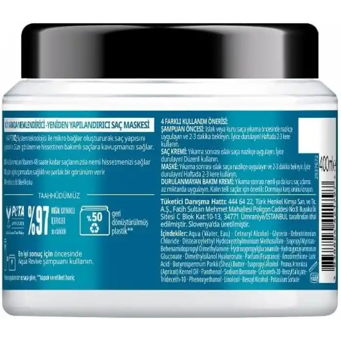 Gliss Aqua Revive Nemlendirici 4Ü 1 Arada Bakım Maskesi 400 ml, Normal Ve Kuru Saçlar