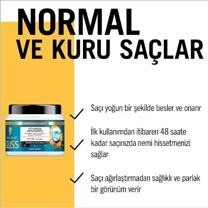 Gliss Aqua Revive Nemlendirici 4Ü 1 Arada Bakım Maskesi 400 ml, Normal Ve Kuru Saçlar