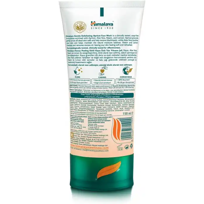 Himalaya Since 1930 Peeling Etkili Hassas Yüz Temizleme Jeli, Kayısı, Aloe Vera, Parabensiz, Tüm Ciltler, 150 ml