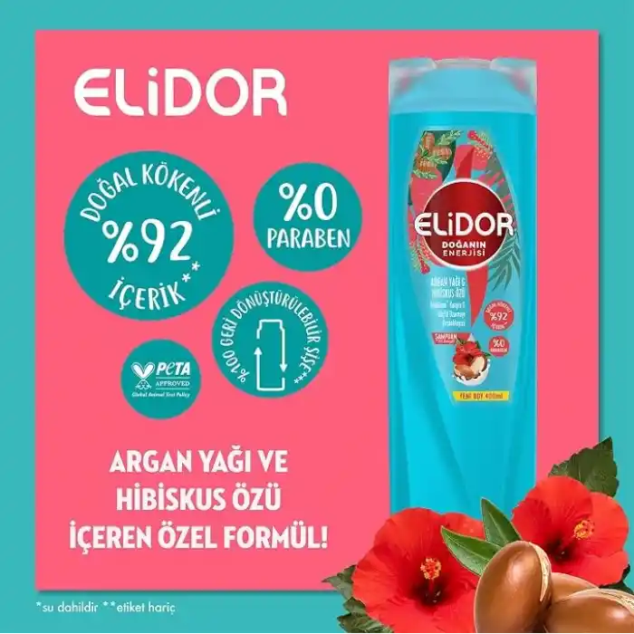 Elidor Doğanın Enerjisi Saç Bakım Şampuanı Argan Yağı & Hibiskus Özü Dökülme Karşıtı & Güçlü Uzamayı Destekleyici 400 ml