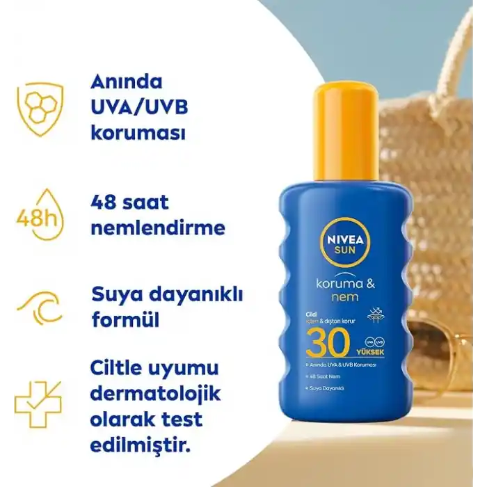 NIVEA SUN SPF30 Güneş Koruyucu ve Nemlendirici Vücut Spreyi 200ml, UVA UVB Koruması, Suya Dayanıklı