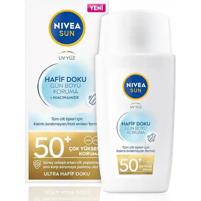 NIVEA SUN SPF50+ Hafif Dokulu Güneş Koruyucu Yüz Kremi 40ml, Yüksek Güneş Koruyucu, Erken Yaşlanma Karşıtı, Tüm Cilt Tipleri