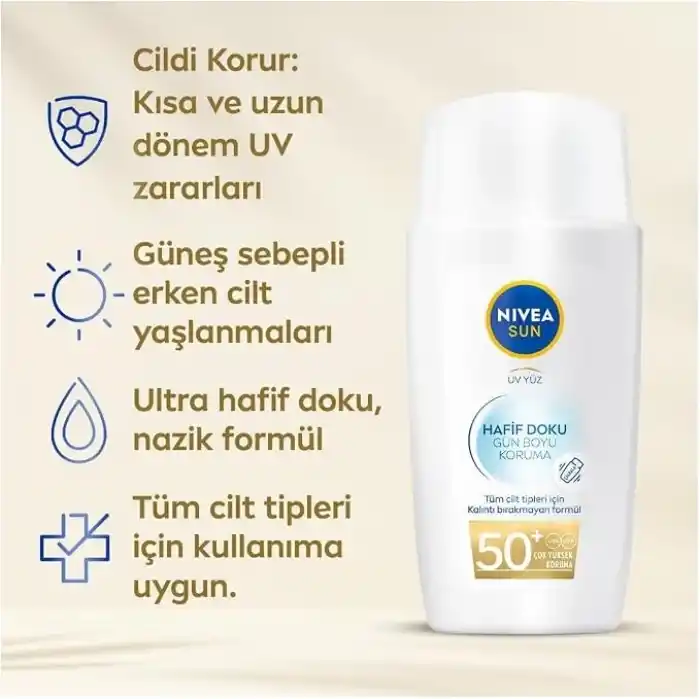 NIVEA SUN SPF50+ Hafif Dokulu Güneş Koruyucu Yüz Kremi 40ml, Yüksek Güneş Koruyucu, Erken Yaşlanma Karşıtı, Tüm Cilt Tipleri