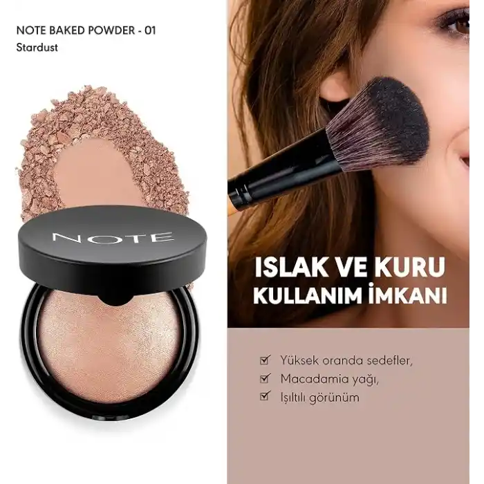 Note Cosmetics Baked Powder 01 Stardust Işıltılı Bitişli Highlighter Toz Yüz Pudrası