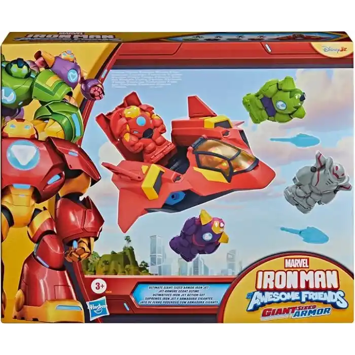 Disney Jr. Series Marvels Iron Man and his Awesome Friends Ultimate Dev Boyutlu Zırh Iron Jet Oyuncak Seti, 7,6 cm Aksiyon Figürleri, Zırh Kostümleri, Araç
