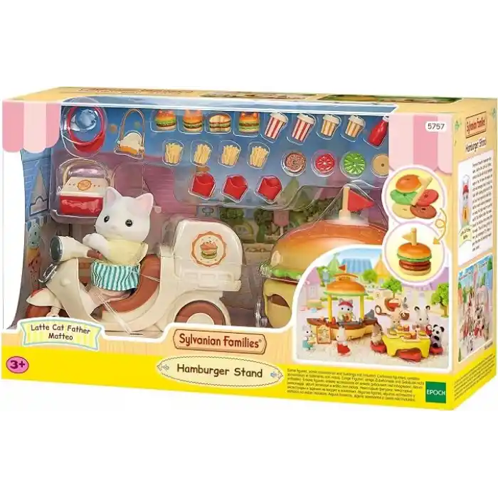 EPOCH Sylvanian Families Hamburger Standı Oyuncak Seti, Çok Renkli, Plastik, Latte Kedi Baba Figürü Dahil