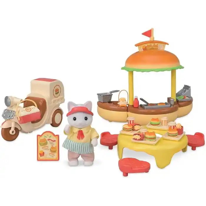 EPOCH Sylvanian Families Hamburger Standı Oyuncak Seti, Çok Renkli, Plastik, Latte Kedi Baba Figürü Dahil