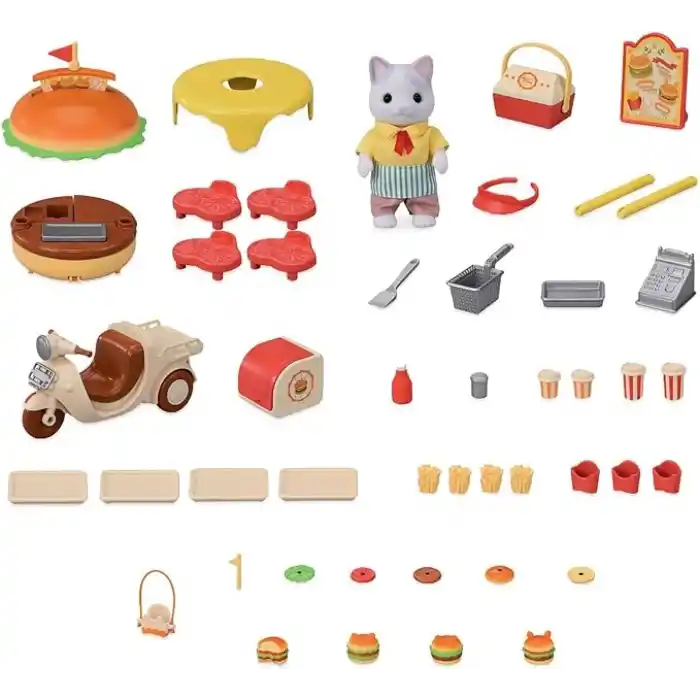 EPOCH Sylvanian Families Hamburger Standı Oyuncak Seti, Çok Renkli, Plastik, Latte Kedi Baba Figürü Dahil