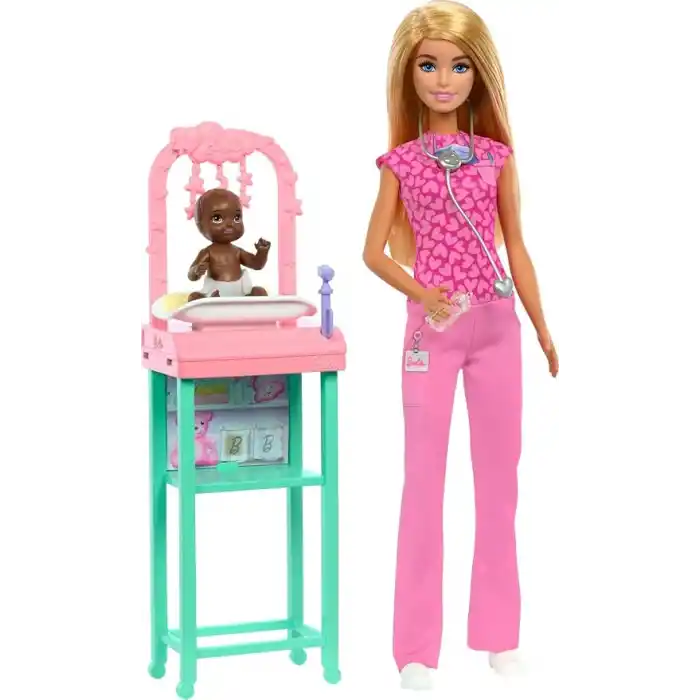 Barbie Kariyer Oyun Setleri - Doktor Bebek Çocuk Doktoru Barbie, sarışın bebek, 1 bebek figürü, mobilya ve aksesuarlar JCR72