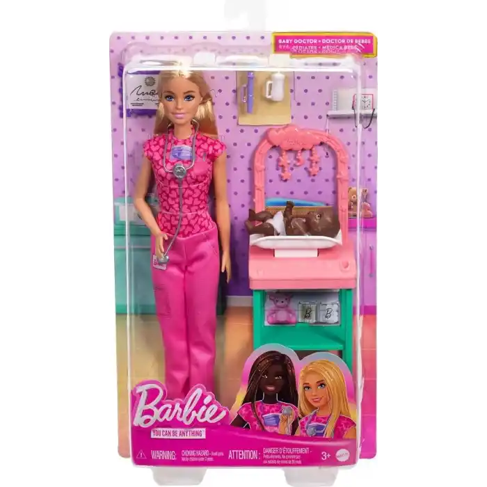 Barbie Kariyer Oyun Setleri - Doktor Bebek Çocuk Doktoru Barbie, sarışın bebek, 1 bebek figürü, mobilya ve aksesuarlar JCR72