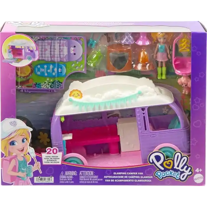 POLLY POCKET™ Muhteşem Karavan Polly Pocket Muhteşem Karavan, bebek ve evcil hayvan oyun seti, kamp ve yiyecek temalı aksesuarlar, seyahat oyuncağı JCC32