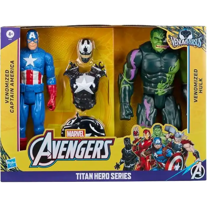 Marvel Avengers VenomVersus Titan Hero Serisi Venom Etkili Captain America ve Venom Etkili Hulk Aksiyon Figürü 2’li Paket, 30 cm Süper Kahraman Oyuncakları, 4 Yaş ve Üzeri