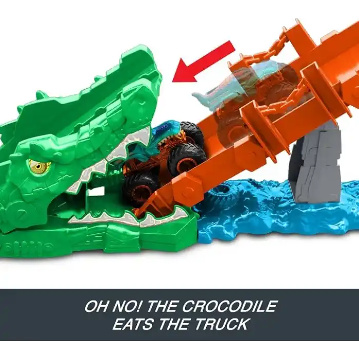 Hot Wheels Monster Trucks oyun seti ve 1:64 ölçekli Mega-Wrex, tahterevalli köprüde akrobasi ve yarış eğlencesi, Timsah ile Muhteşem Aksiyon Oyun Seti, JJN45