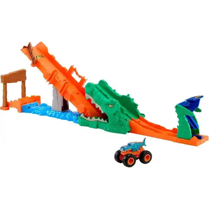 Hot Wheels Monster Trucks oyun seti ve 1:64 ölçekli Mega-Wrex, tahterevalli köprüde akrobasi ve yarış eğlencesi, Timsah ile Muhteşem Aksiyon Oyun Seti, JJN45