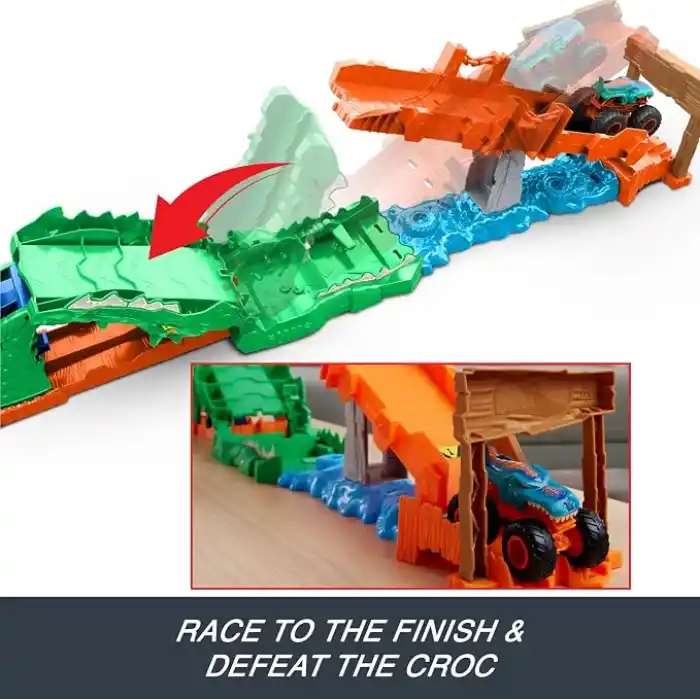 Hot Wheels Monster Trucks oyun seti ve 1:64 ölçekli Mega-Wrex, tahterevalli köprüde akrobasi ve yarış eğlencesi, Timsah ile Muhteşem Aksiyon Oyun Seti, JJN45