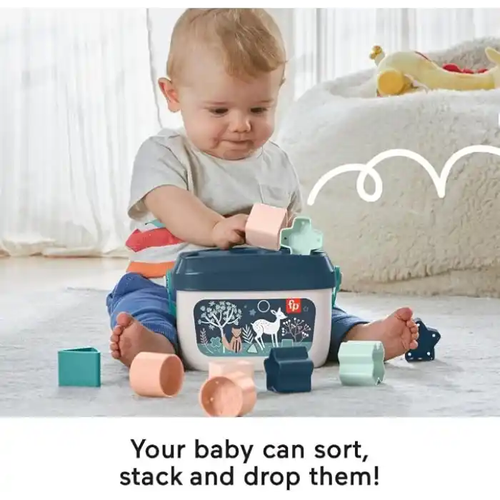 Fisher-Price İstifleme Oyuncak Bebeğin İlk Blokları Sıralama için 10 Şekil Seti 6+ Ay Bebekler için Oyun, Lacivert Açık Kahverengi