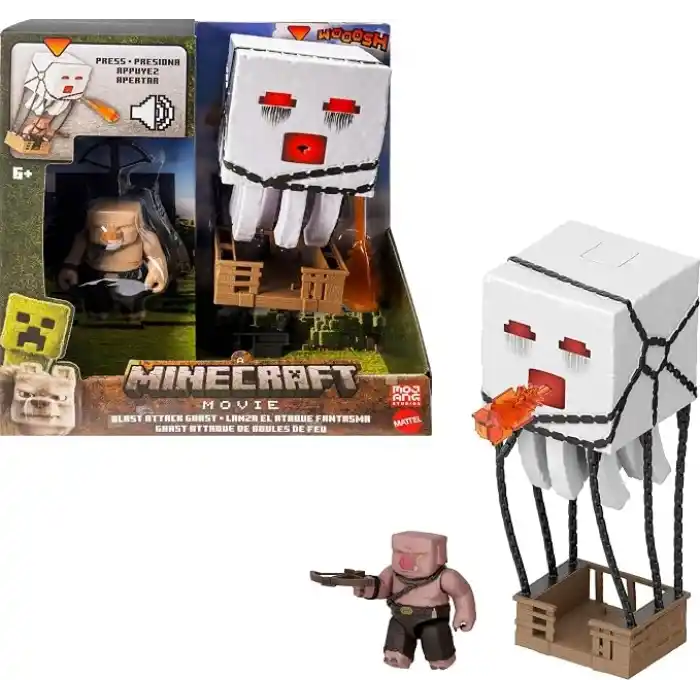 Mattel Minecraft Filmden ilham alan aksiyon figürü seti, ışıklar, sesler ve ateş topu fırlatma özelliğiyle balon figürü, fırlatıcı ve disk, piglin savaşçısı, JFB69