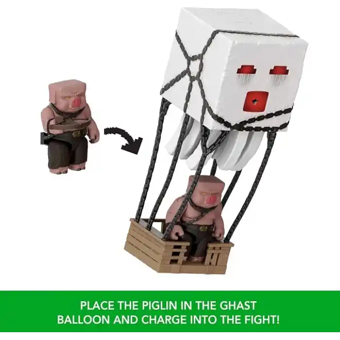 Mattel Minecraft Filmden ilham alan aksiyon figürü seti, ışıklar, sesler ve ateş topu fırlatma özelliğiyle balon figürü, fırlatıcı ve disk, piglin savaşçısı, JFB69