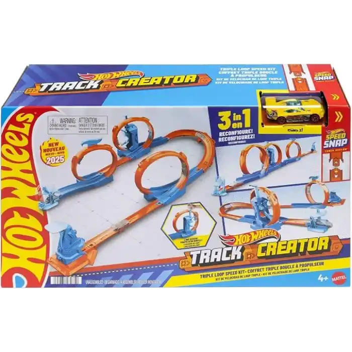 Hot Wheels oyuncak araba ve pist seti, üçlü çember paketi, 1:64 ölçekli araç, üç çemberli pist parçaları, kolayca birleştirilebilen pistler ve adaptörler, JDW39