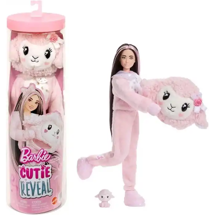 Barbie Cutie Reveal bebek ve aksesuarları, Yumuşak Dostlar Serisi kuzucuk, renk değişimi ve mini evcil hayvan dahil 10 sürpriz, JJP66