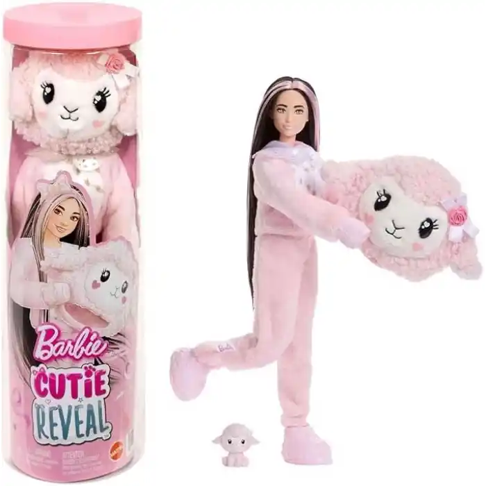 Barbie Cutie Reveal bebek ve aksesuarları, Yumuşak Dostlar Serisi kuzucuk, renk değişimi ve mini evcil hayvan dahil 10 sürpriz, JJP66