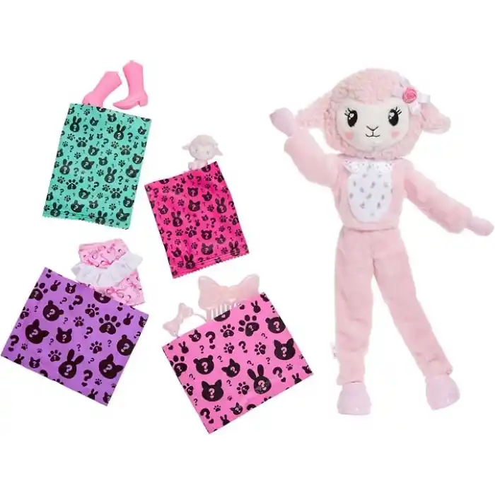 Barbie Cutie Reveal bebek ve aksesuarları, Yumuşak Dostlar Serisi kuzucuk, renk değişimi ve mini evcil hayvan dahil 10 sürpriz, JJP66