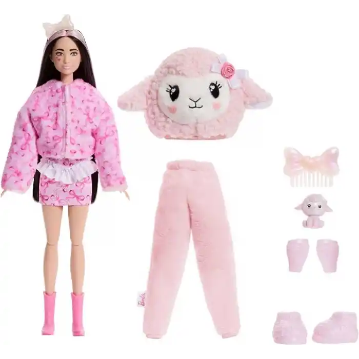 Barbie Cutie Reveal bebek ve aksesuarları, Yumuşak Dostlar Serisi kuzucuk, renk değişimi ve mini evcil hayvan dahil 10 sürpriz, JJP66