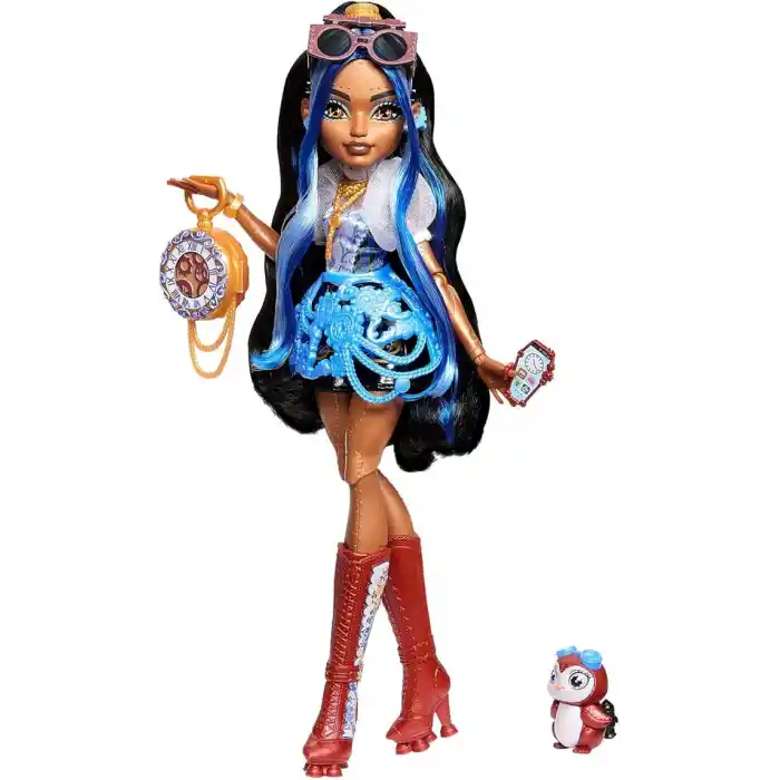 Mavi bluzu ve siyah şortuyla Monster High Robecca Steam bebek, evcil penguen Kaptan Penny ve uçuş gözlüğü ile çanta gibi 7 aksesuar, JMB81