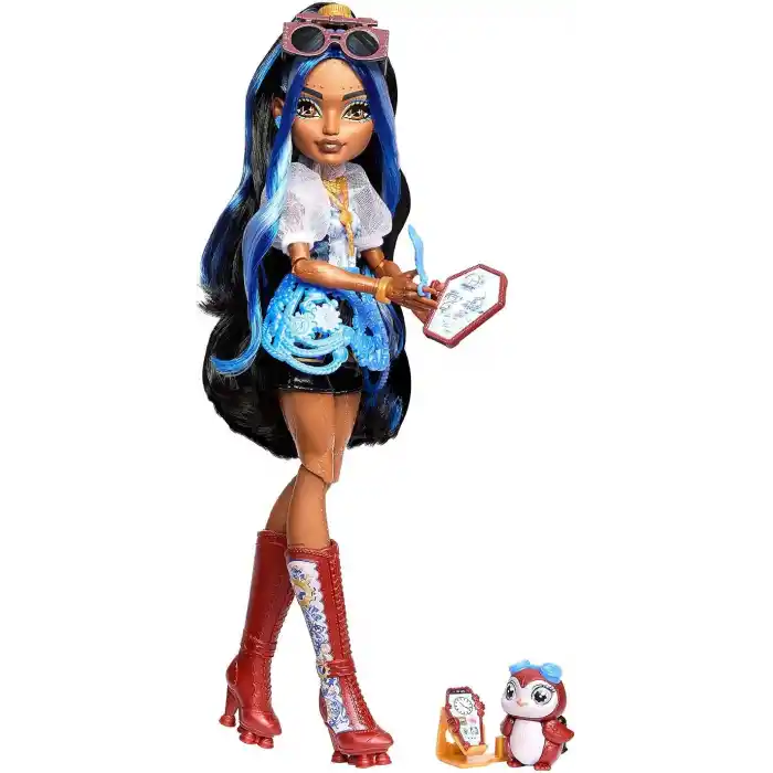 Mavi bluzu ve siyah şortuyla Monster High Robecca Steam bebek, evcil penguen Kaptan Penny ve uçuş gözlüğü ile çanta gibi 7 aksesuar, JMB81