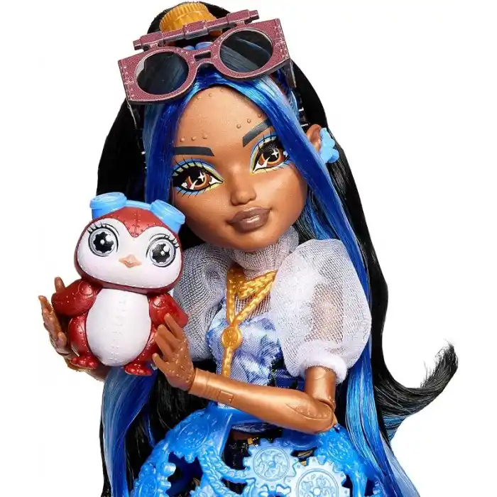 Mavi bluzu ve siyah şortuyla Monster High Robecca Steam bebek, evcil penguen Kaptan Penny ve uçuş gözlüğü ile çanta gibi 7 aksesuar, JMB81