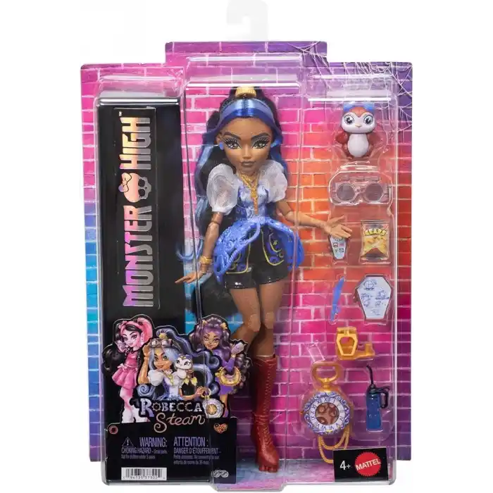 Mavi bluzu ve siyah şortuyla Monster High Robecca Steam bebek, evcil penguen Kaptan Penny ve uçuş gözlüğü ile çanta gibi 7 aksesuar, JMB81