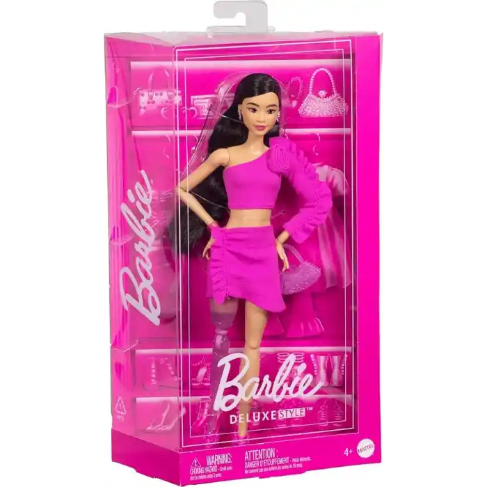 BARBIE STİL İKONU™ Bebek - Işıltılı Protez Bacaklı Klasik Barbie tarzındaki pembe bluz ve etek takımıyla protez bacaklı ve siyah saçlı Barbie Stil İkonu bebek (2) HYV26