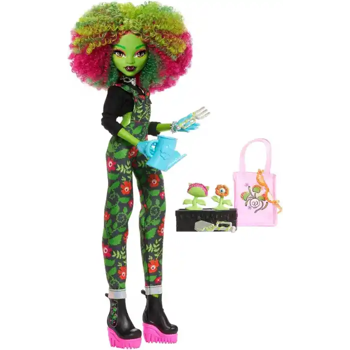 Kolej ceketi, yıllık ve bahçe gereçleriyle çevre kulübü temalı Monster High Gizemli Yıllık Venus McFlytrap bebek ve aksesuar seti, JDR59