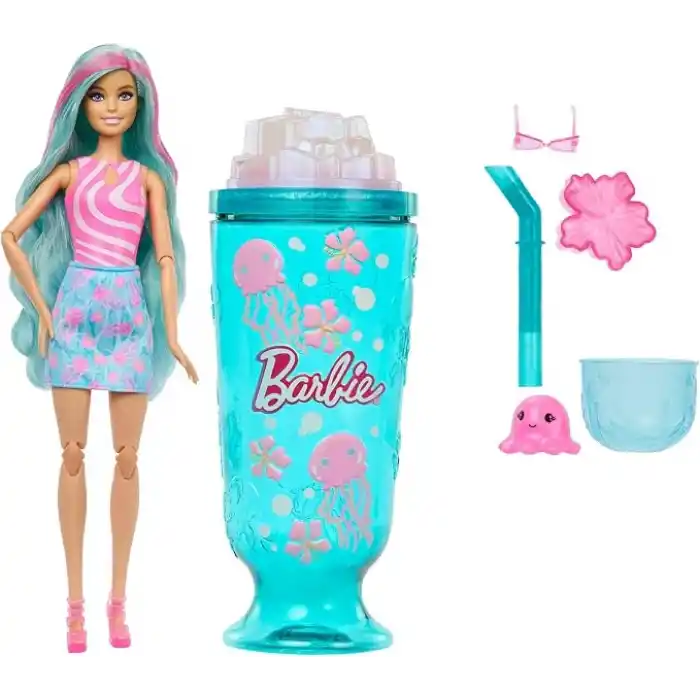 Barbie Pop Reveal Bebek ve Aksesuarlar, Deniz Esintili İçecek Serisi bebek ve evcil hayvan, duyusal gelişime yardımcı slime ve renk değiştiren saçlar gibi 8 sürpriz, JKF62