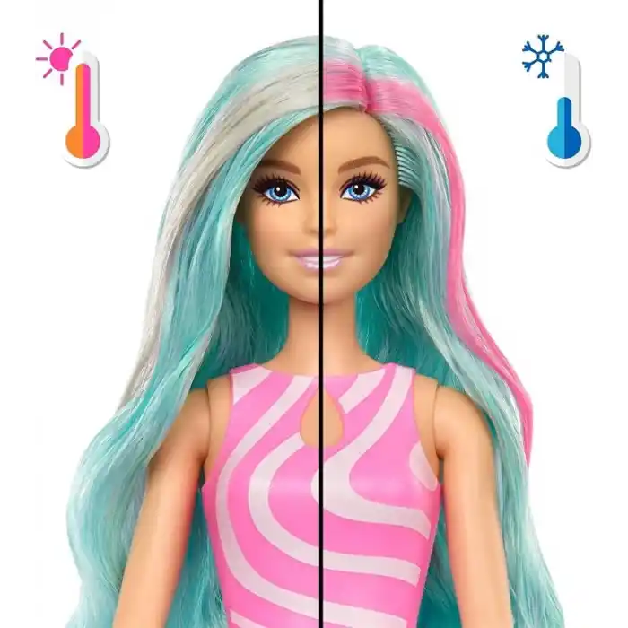 Barbie Pop Reveal Bebek ve Aksesuarlar, Deniz Esintili İçecek Serisi bebek ve evcil hayvan, duyusal gelişime yardımcı slime ve renk değiştiren saçlar gibi 8 sürpriz, JKF62