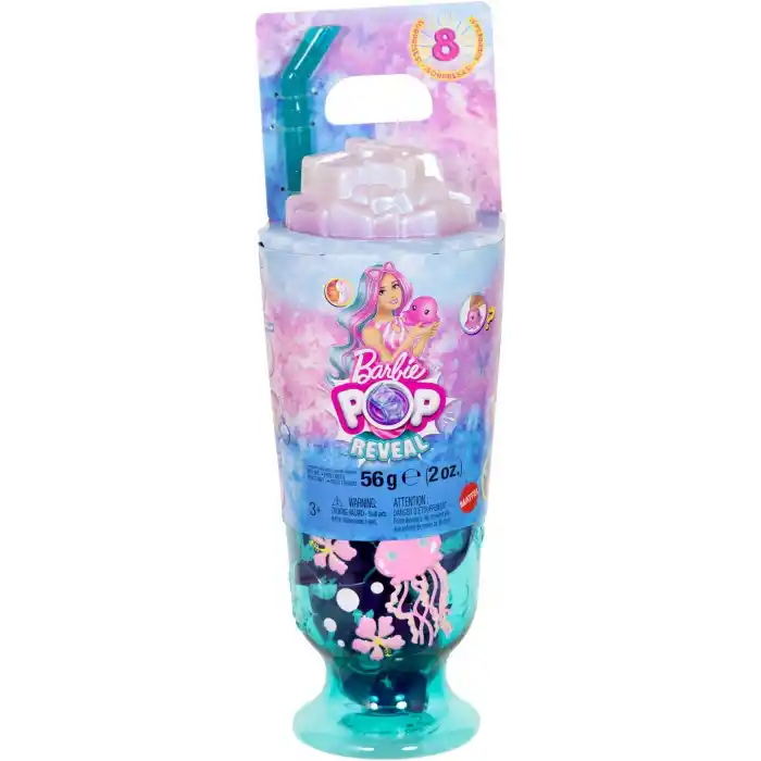 Barbie Pop Reveal Bebek ve Aksesuarlar, Deniz Esintili İçecek Serisi bebek ve evcil hayvan, duyusal gelişime yardımcı slime ve renk değiştiren saçlar gibi 8 sürpriz, JKF62