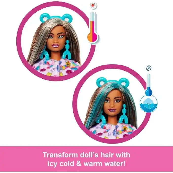 Barbie Cutie Reveal Sevimli Ayıcıklar bebek ve aksesuarları, Mutlu Ayıcık, renk değişimi ve mini ayıcık dahil 10 sürpriz içeren 2. seri, JFV62