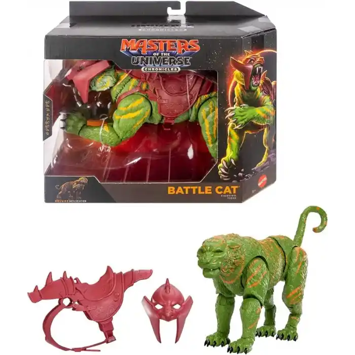2026 yapımı filmden uyarlanmış Masters of the Universe Chronicles 1:12 ölçekli Battle Cat aksiyon figürü, cam gözler ve eklemli çene, eyerli ve zırhlı kaplan, JKJ32