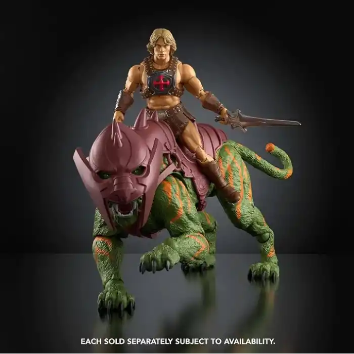 2026 yapımı filmden uyarlanmış Masters of the Universe Chronicles 1:12 ölçekli Battle Cat aksiyon figürü, cam gözler ve eklemli çene, eyerli ve zırhlı kaplan, JKJ32