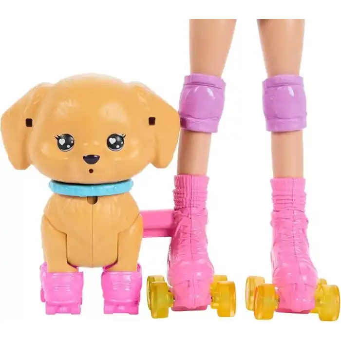 Barbie Paten ve Koşu Arkadaşım oyun seti, sarışın bebek ve paten kayan köpekçik, tasma, uyumlu patenler, güneş gözlükleri ve evcil hayvan aksesuarları, JMJ44