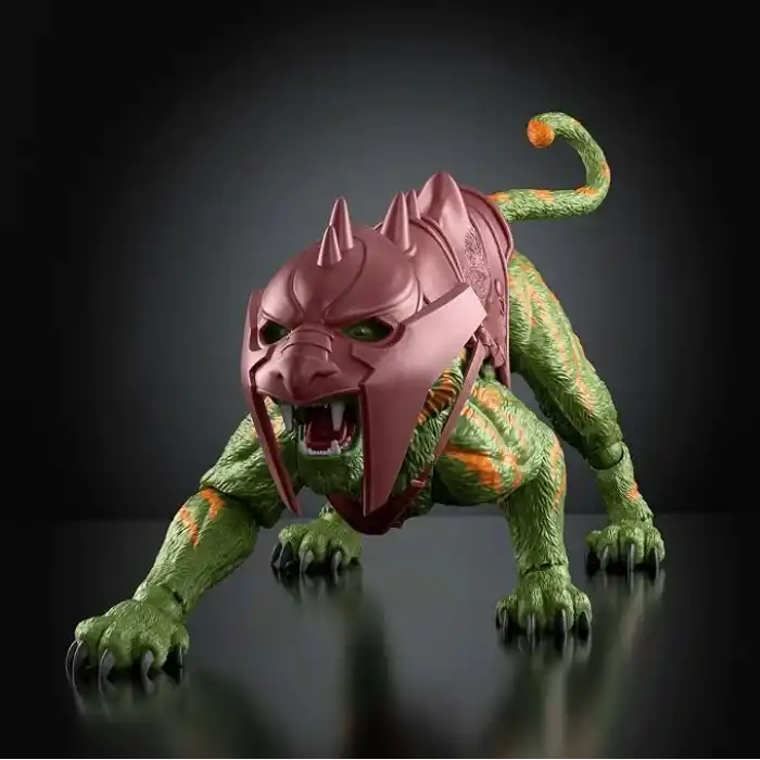 2026 yapımı filmden uyarlanmış Masters of the Universe Chronicles 1:12 ölçekli Battle Cat aksiyon figürü, cam gözler ve eklemli çene, eyerli ve zırhlı kaplan, JKJ32