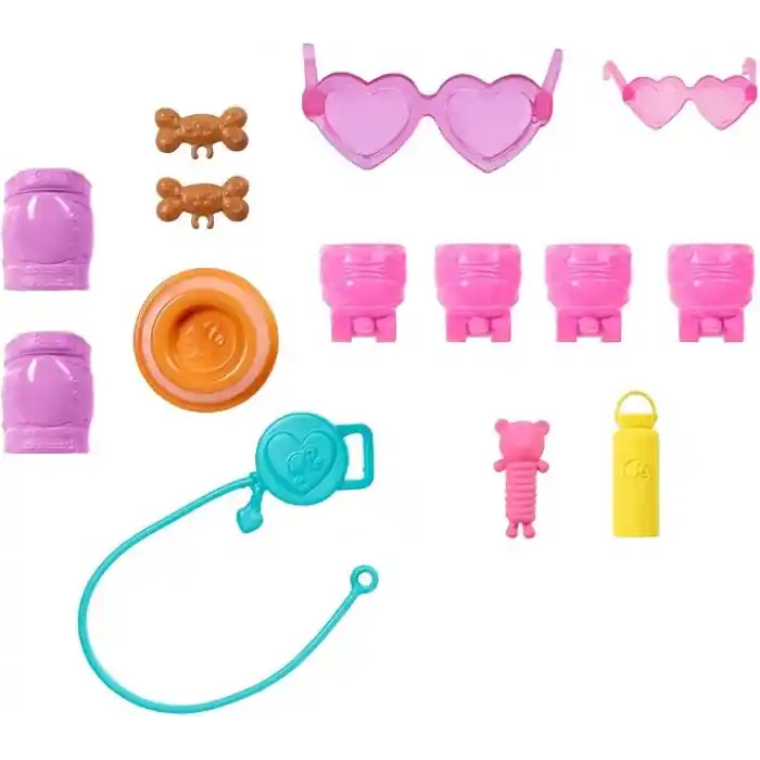 Barbie Paten ve Koşu Arkadaşım oyun seti, sarışın bebek ve paten kayan köpekçik, tasma, uyumlu patenler, güneş gözlükleri ve evcil hayvan aksesuarları, JMJ44