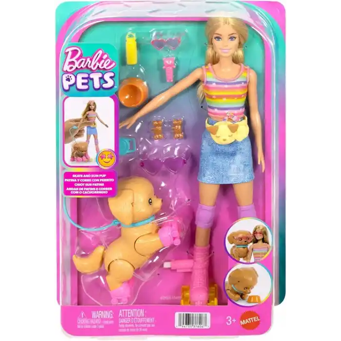 Barbie Paten ve Koşu Arkadaşım oyun seti, sarışın bebek ve paten kayan köpekçik, tasma, uyumlu patenler, güneş gözlükleri ve evcil hayvan aksesuarları, JMJ44