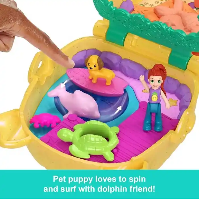 Polly Pocket mini bebek ve aksesuarları ile Ananas Köpekçik Plajı mini oyun seti, mikro bebek ve evcil hayvanlar dahil 8 aksesuar, JFV00