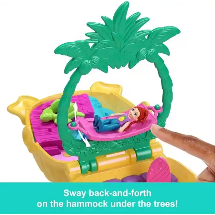 Polly Pocket mini bebek ve aksesuarları ile Ananas Köpekçik Plajı mini oyun seti, mikro bebek ve evcil hayvanlar dahil 8 aksesuar, JFV00