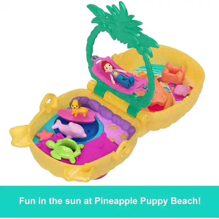 Polly Pocket mini bebek ve aksesuarları ile Ananas Köpekçik Plajı mini oyun seti, mikro bebek ve evcil hayvanlar dahil 8 aksesuar, JFV00