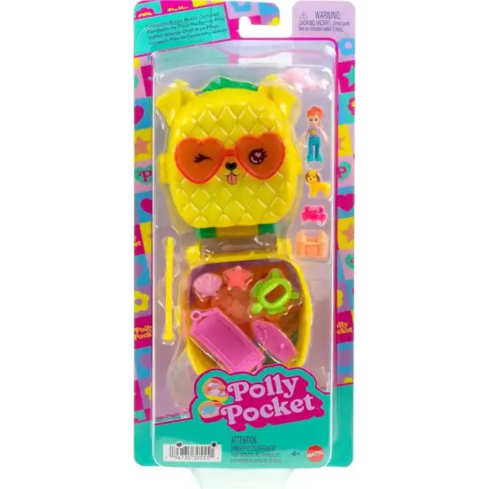 Polly Pocket mini bebek ve aksesuarları ile Ananas Köpekçik Plajı mini oyun seti, mikro bebek ve evcil hayvanlar dahil 8 aksesuar, JFV00